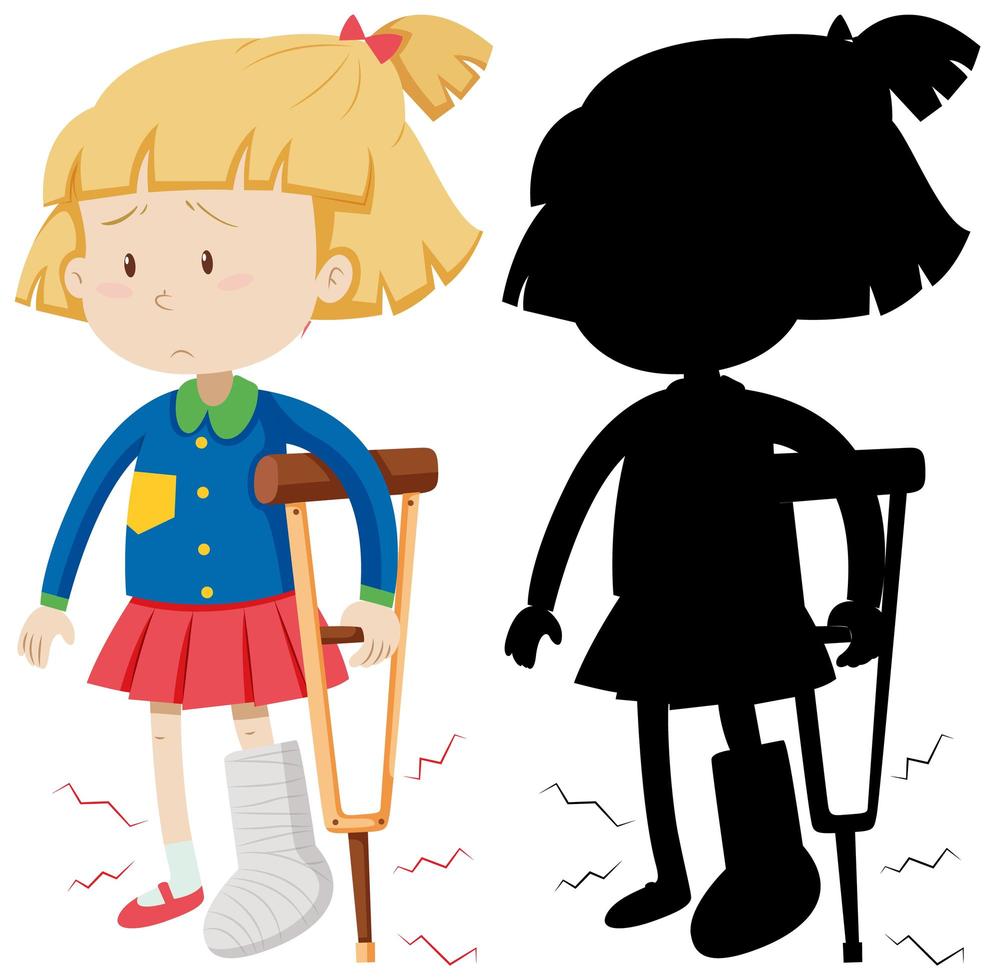 Girl using crutch with its silhouette vector