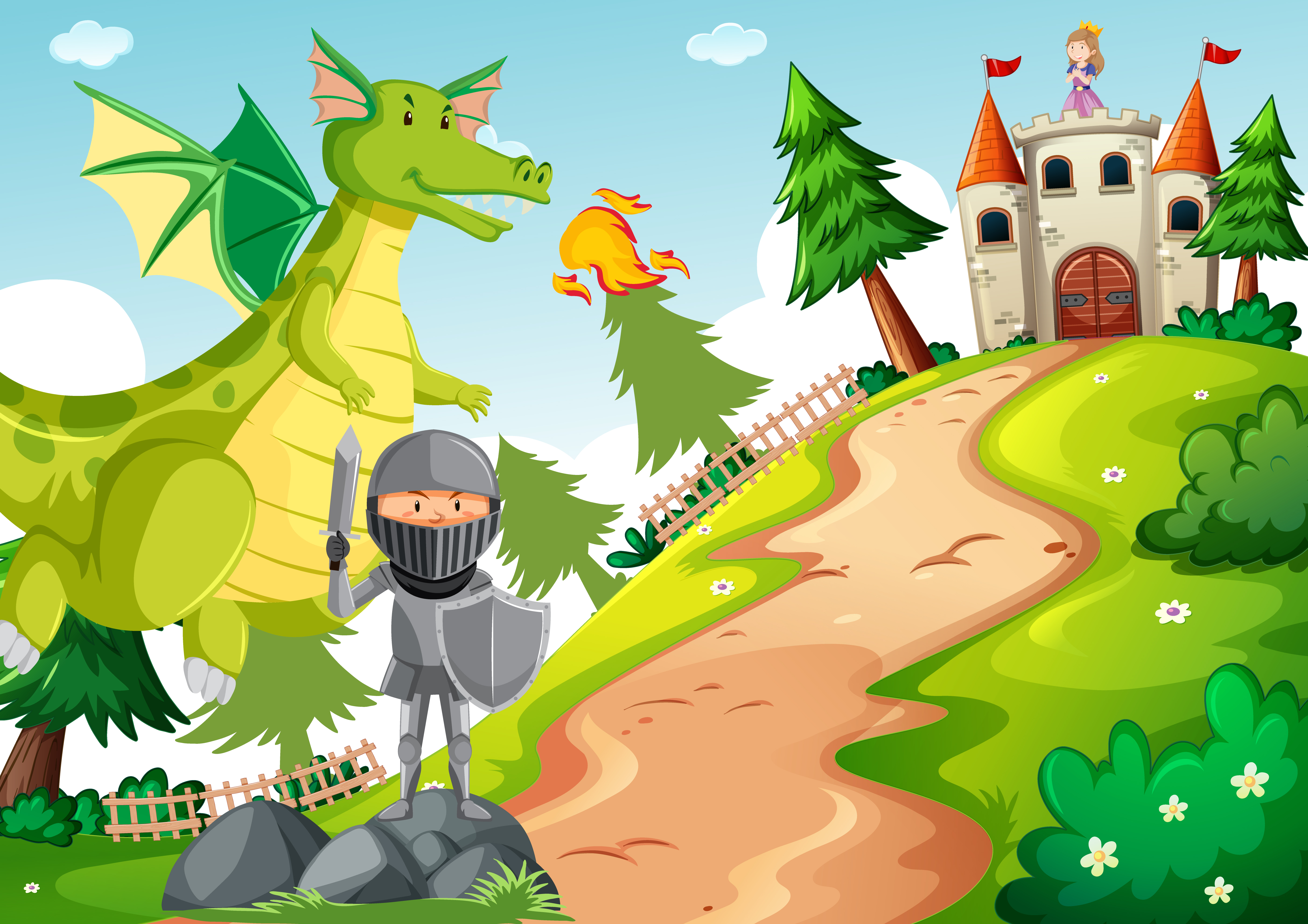 Knight with dragon in fairytale land scene 1402113 Vector Art at Vecteezy
