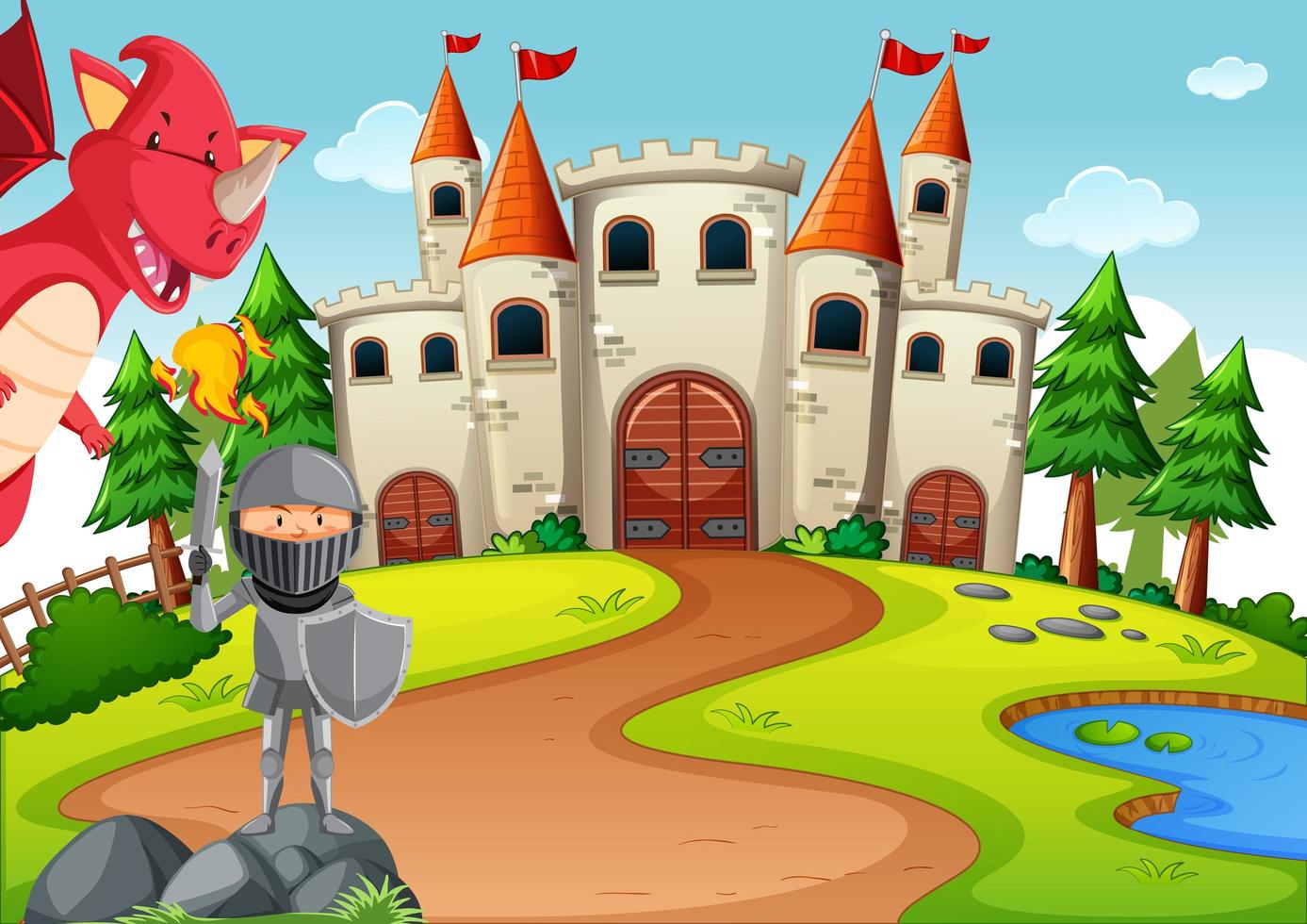 Knight with dragon in fairytale land scene vector