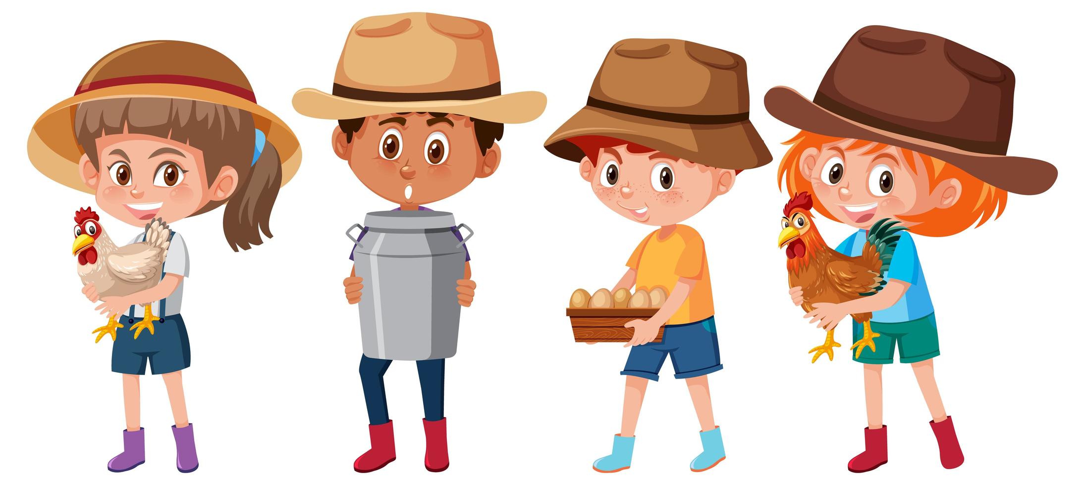 conjunto de diferentes niños con elementos de la granja vector