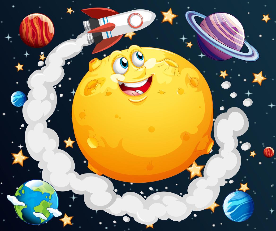 Moon with happy face on space galaxy theme background vector