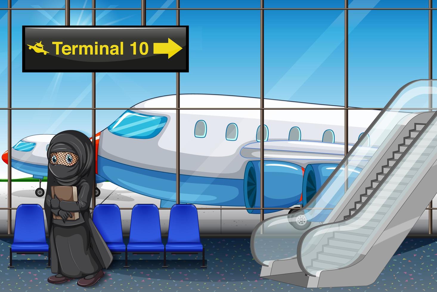 Muslim girl at the airport terminal vector