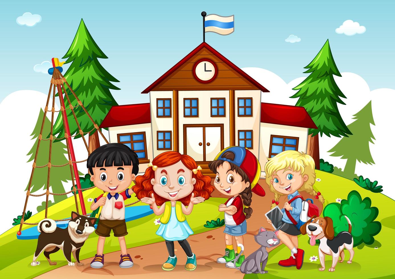 Children in the school scene vector