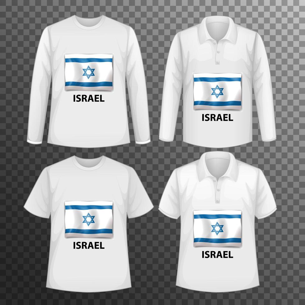 Conjunto de diferentes camisas masculinas con pantalla de bandera de Israel en camisas aisladas vector