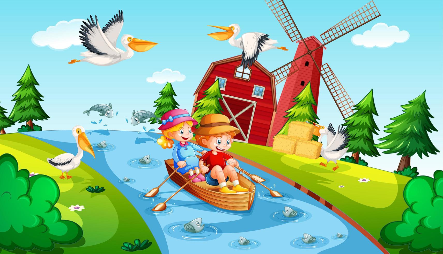 Children row the boat in the stream farm scene vector