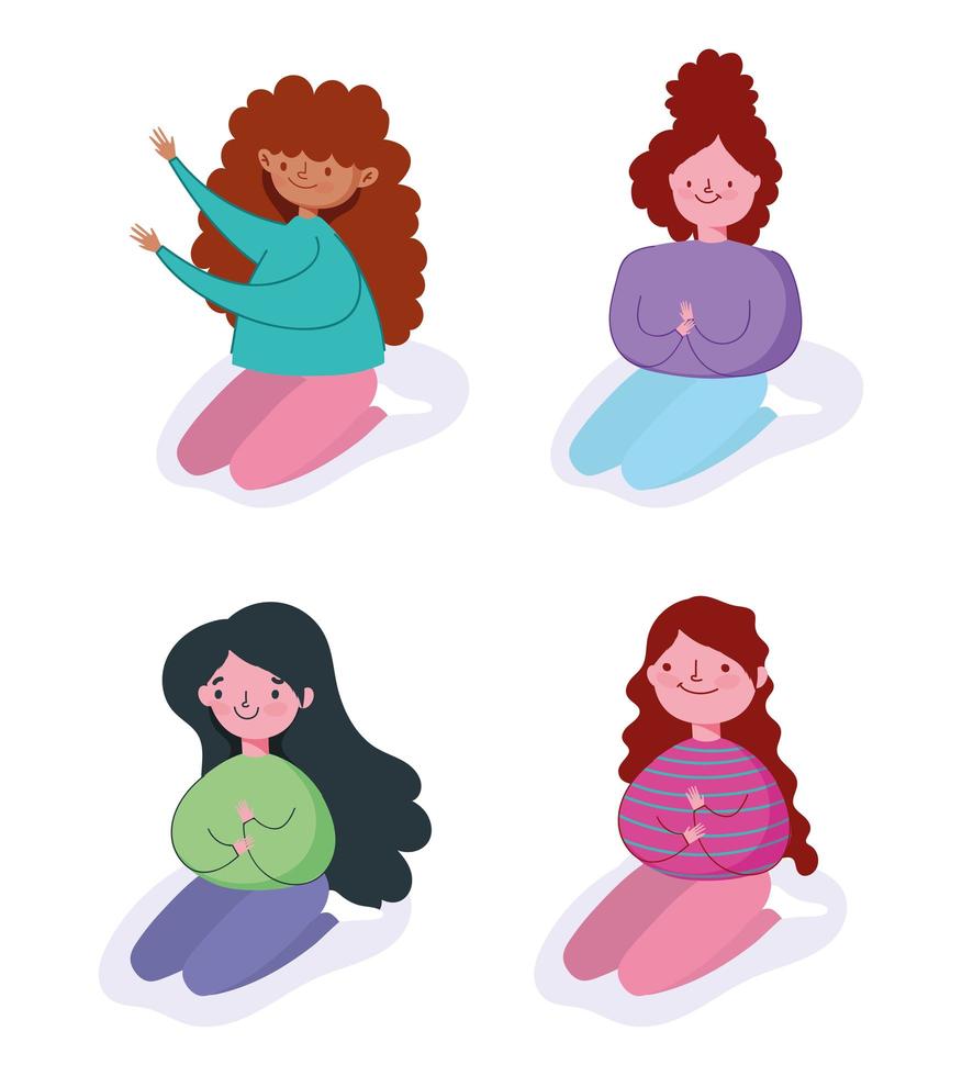 conjunto de chicas de dibujos animados de rodillas vector