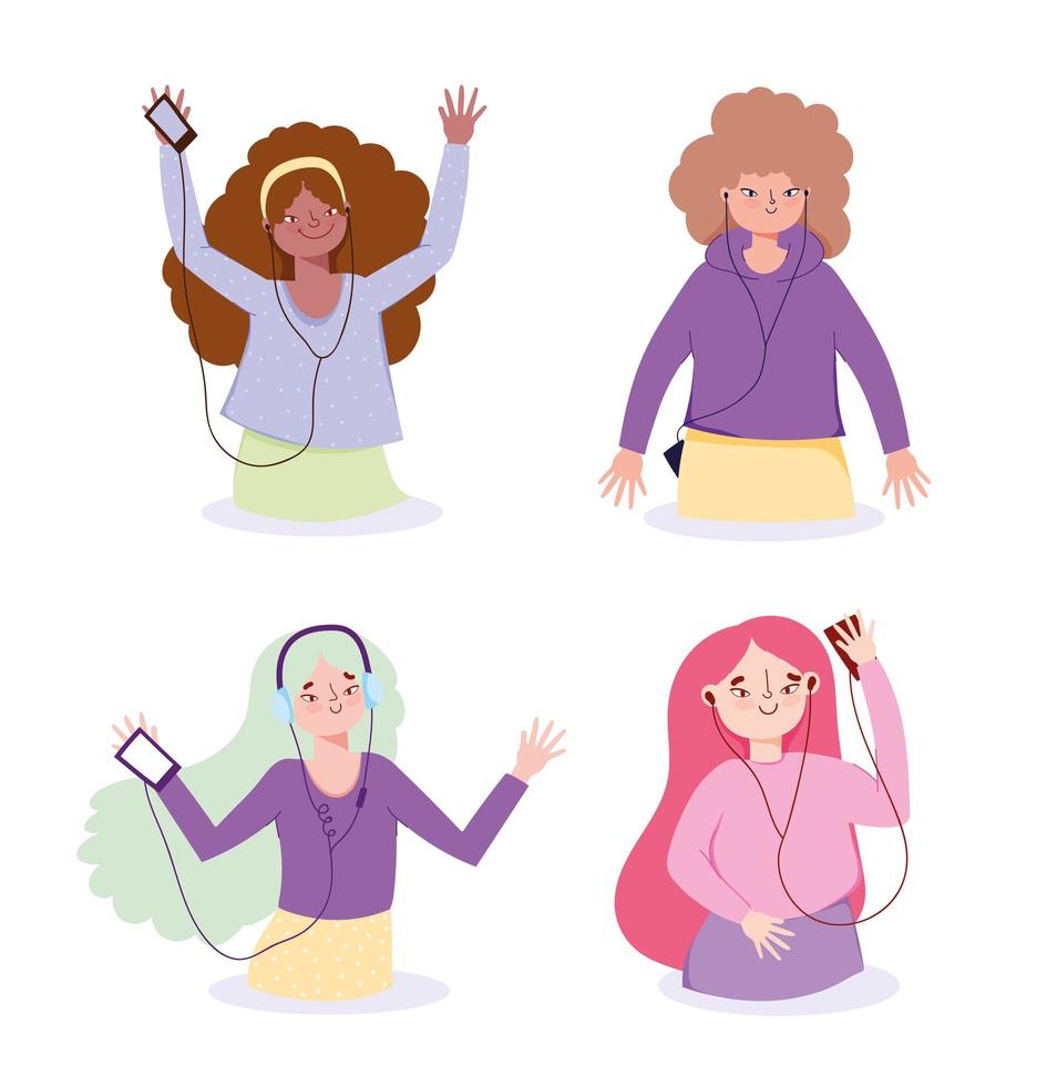 personajes femeninos con dispositivos escuchando música. vector