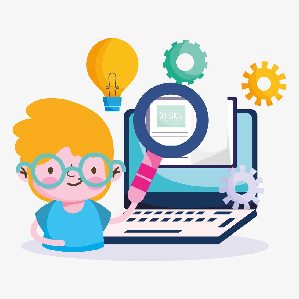 Boy with computer and educational icons vector