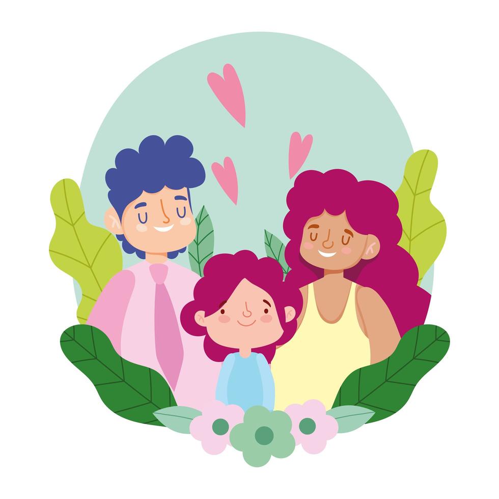 Mother father and daughter with leaves and flowers vector