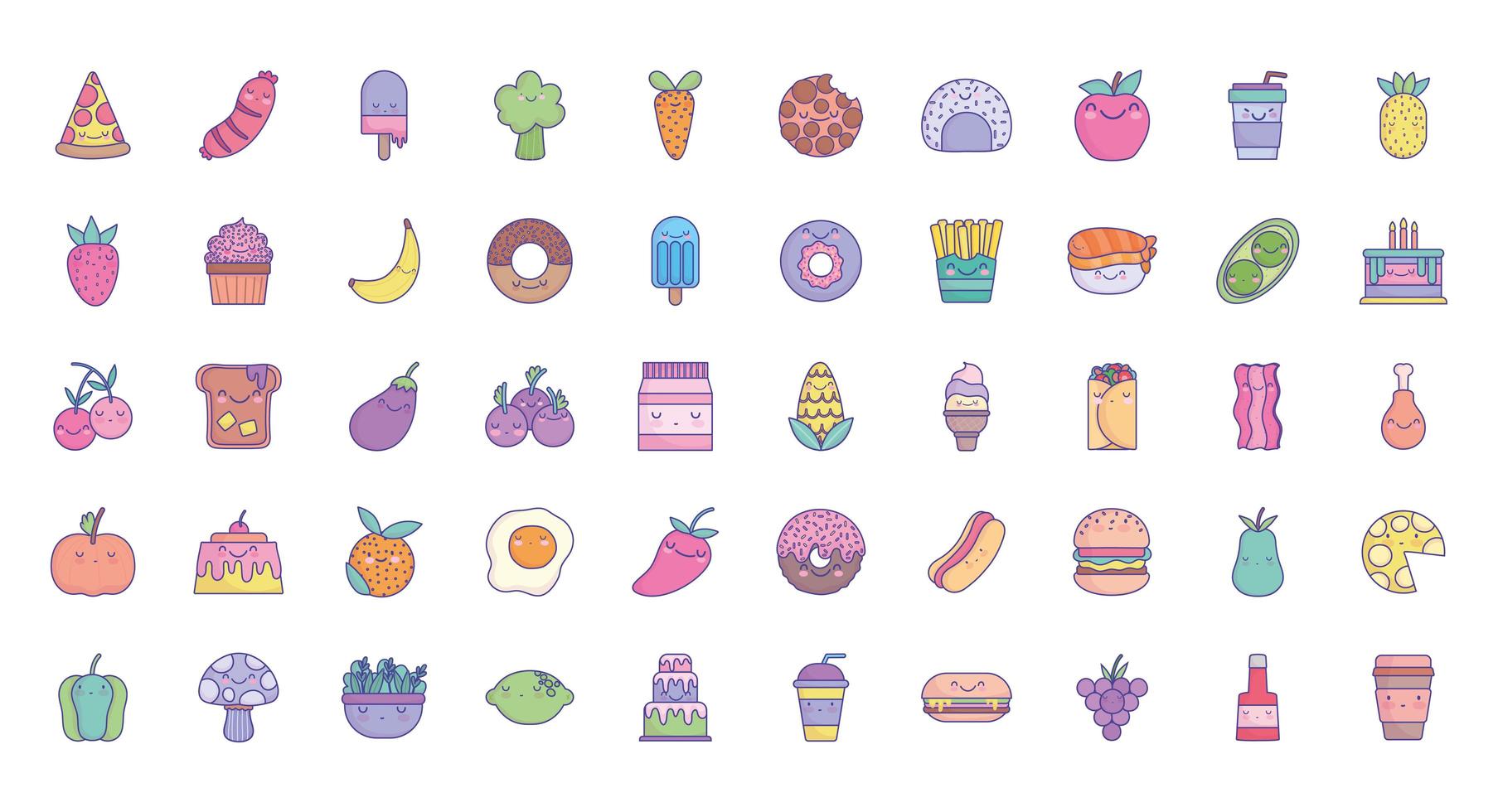 conjunto de iconos de comida de dibujos animados lindo vector