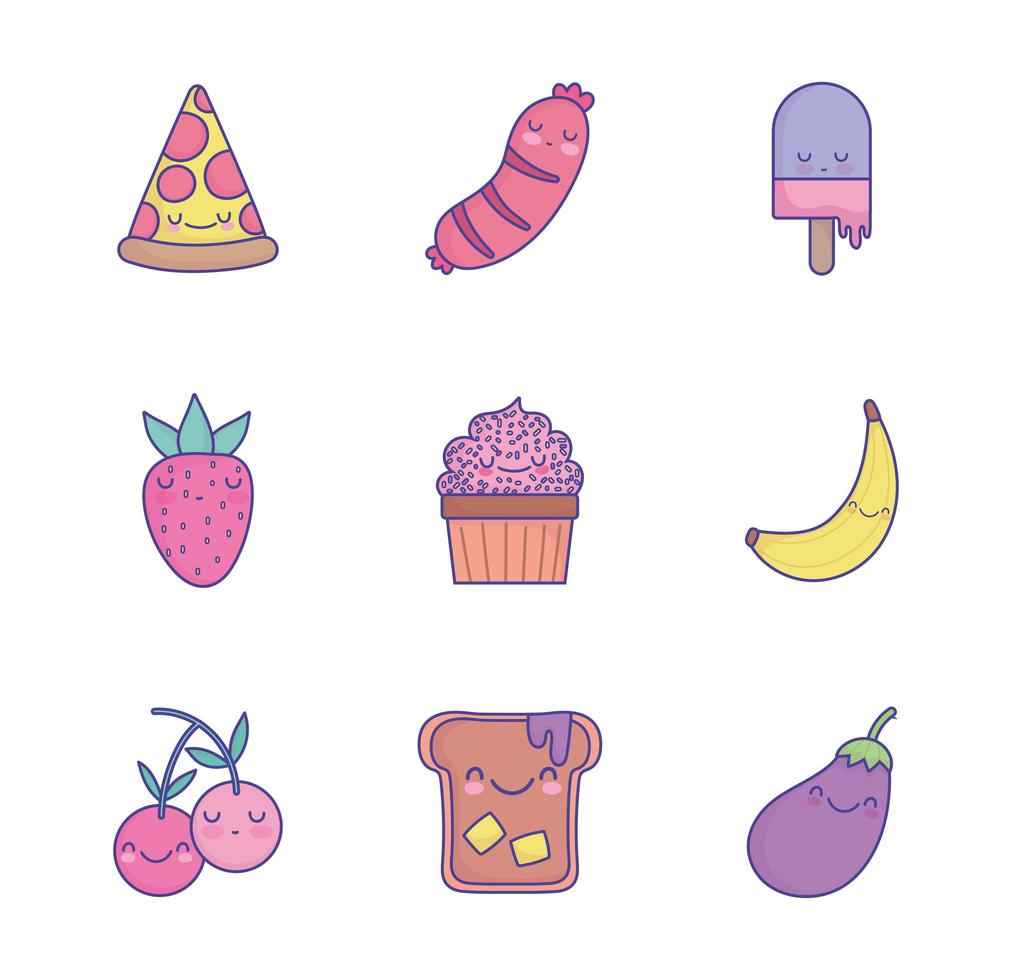 Cute cartoon food icon set vector