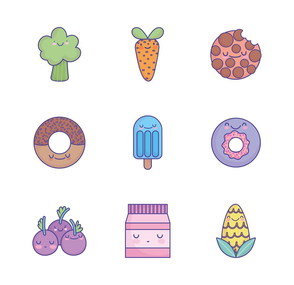 conjunto de iconos de comida de dibujos animados lindo vector