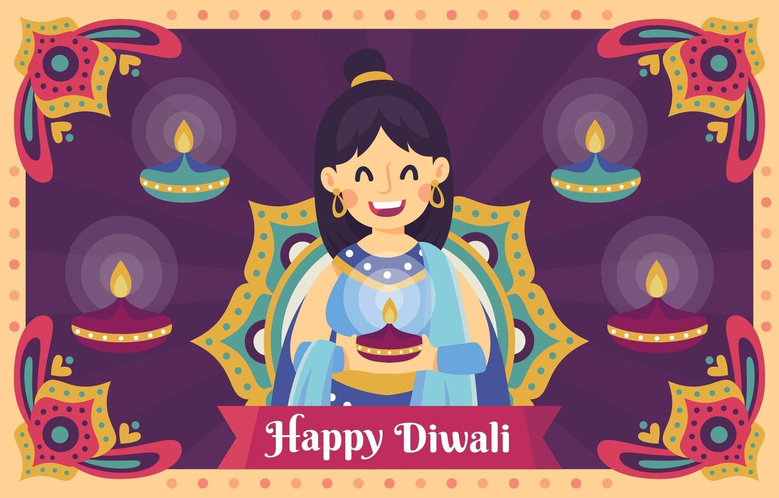 A Woman Celebrate Dewali Festival with Diya vector