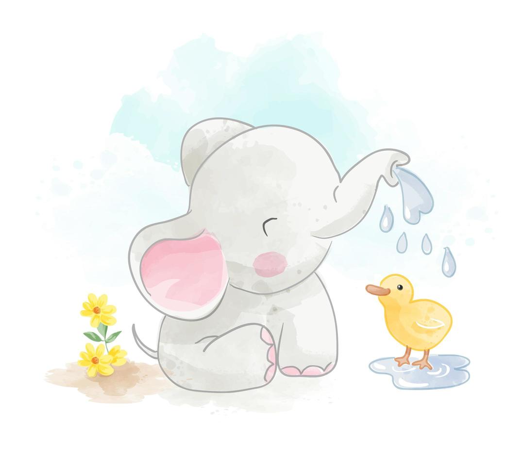 Little Elephant Spraying Water on Little Duck vector