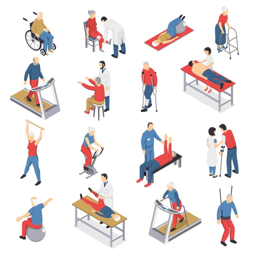 conjunto isométrico de personas haciendo rehabilitación y fisioterapia. vector