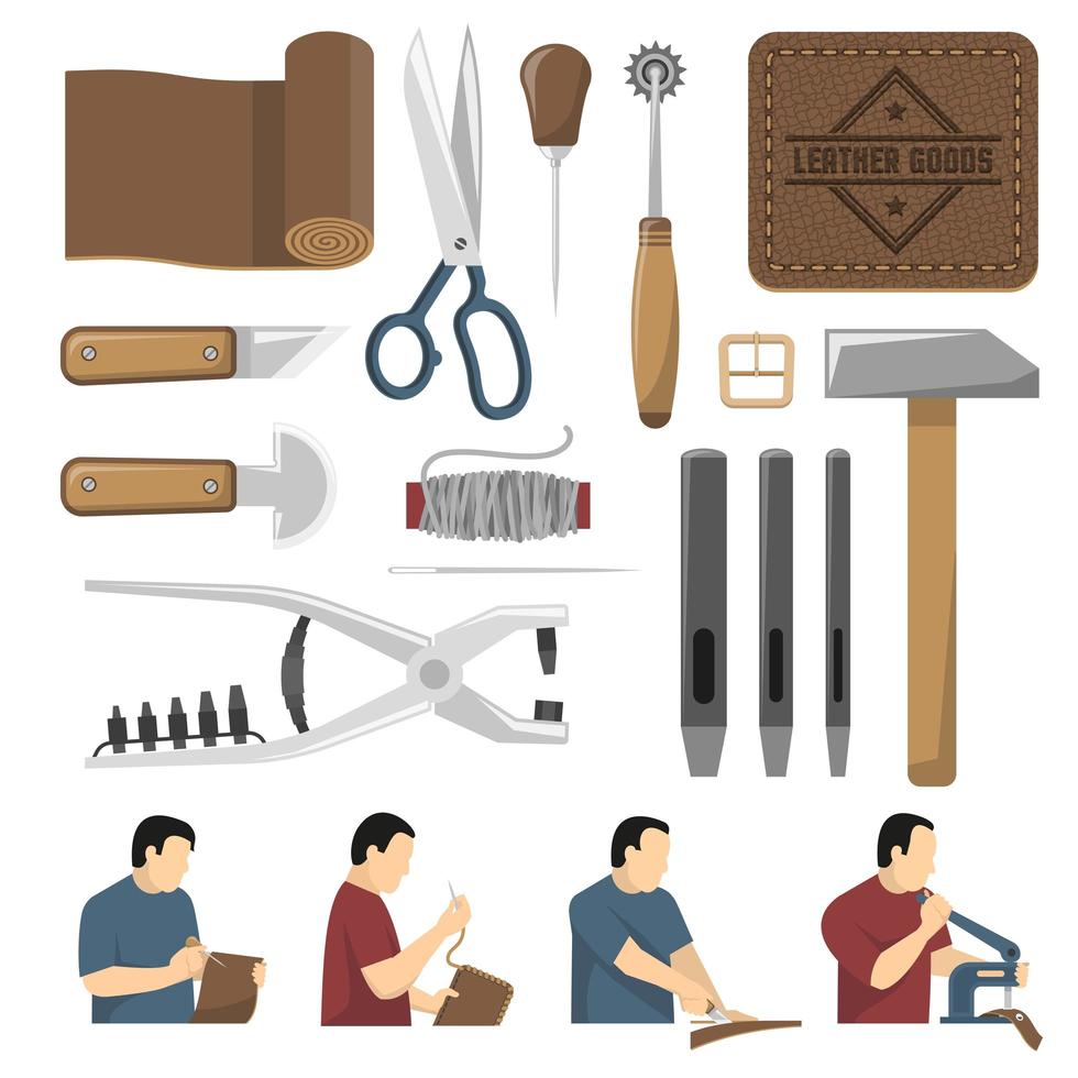 Hand-made process of leather production tool set vector