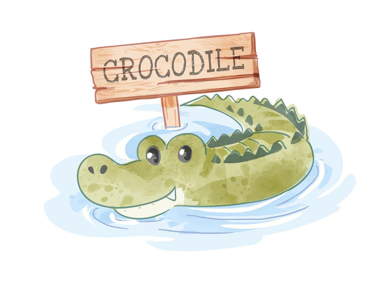 cocodrilo de dibujos animados en estanque con letrero de madera vector