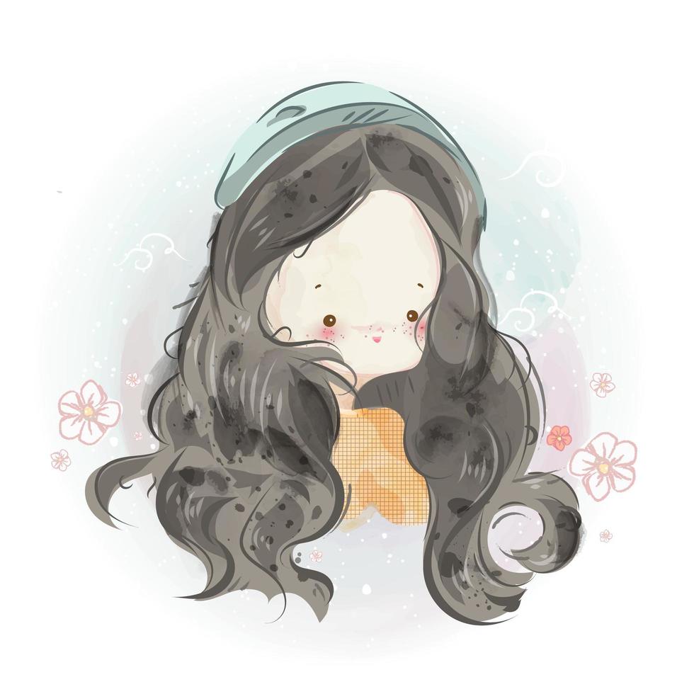 Hand drawn cute little girl with long hair vector