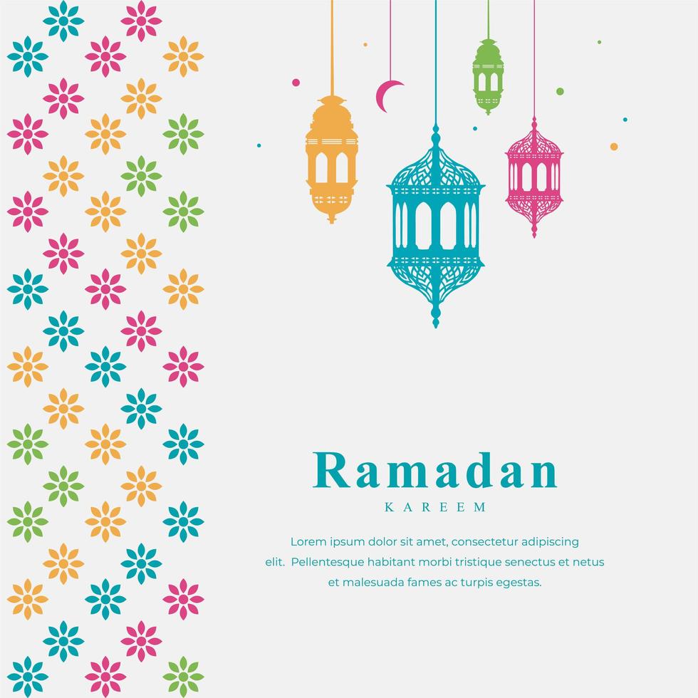 Eid Mubarak card with colorful border and hanging lanterns vector