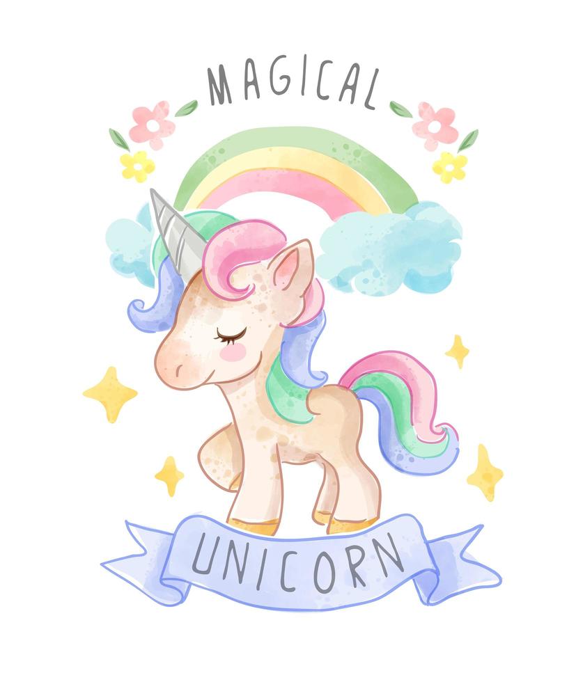 lindo unicornio sentado en un arco iris con estrellas vector