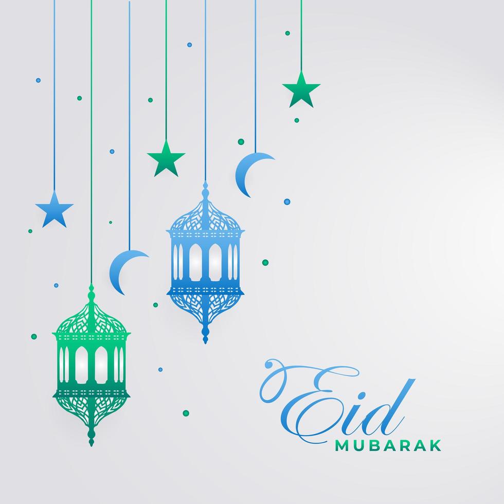 Eid Mubarak greeting card with hanging lanterns, stars, moons vector