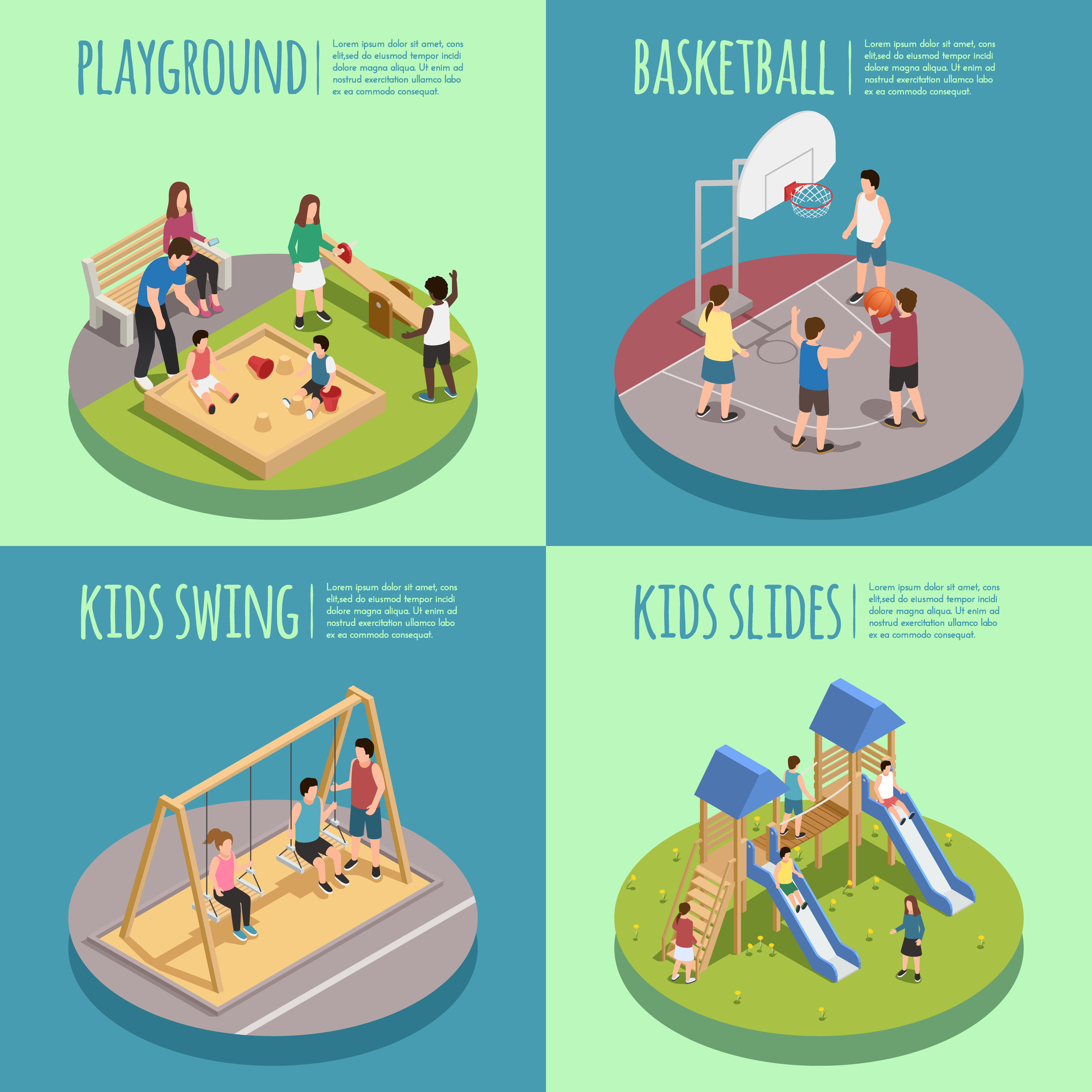 Children playing with parents on kids playground with game equipment.  Isometric cartoon vector illustration with 3d little people. Playground  isometry with swing and slide Stock Vector Image & Art - Alamy