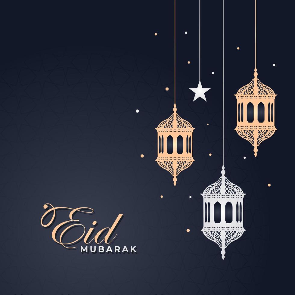 Eid Mubarak greeting card with hanging lanterns vector