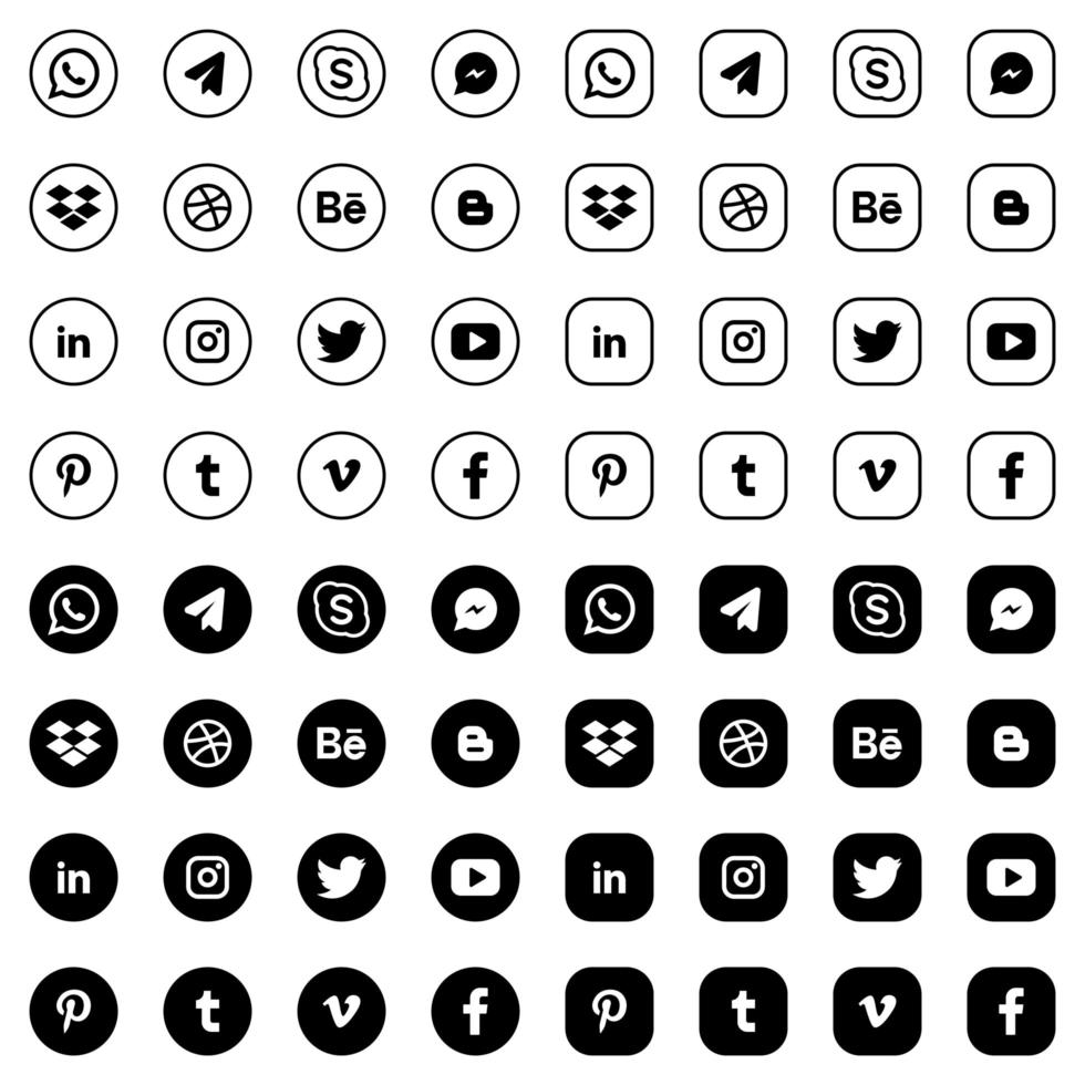 colección de logotipos de redes sociales redondos en blanco y negro vector