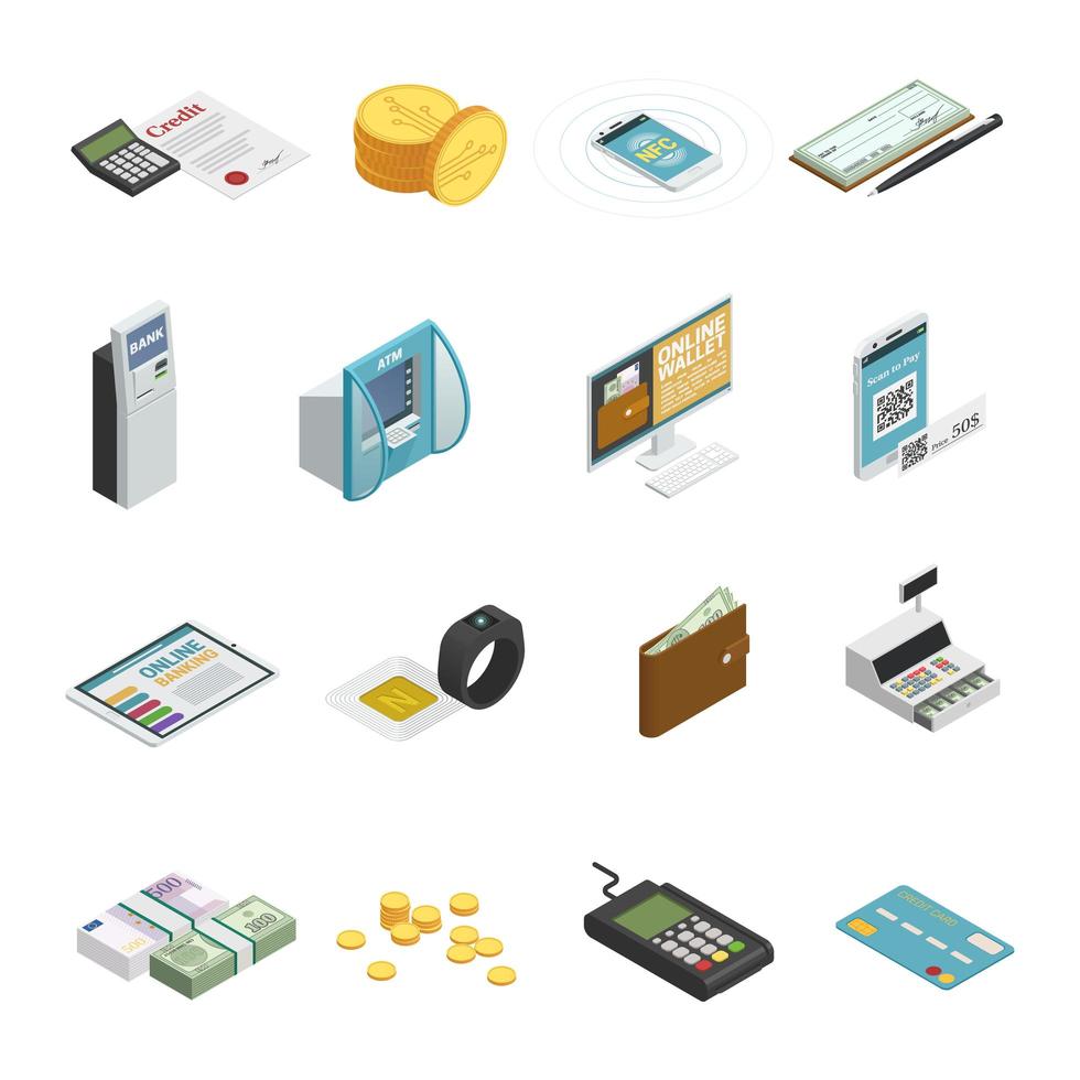 Isometric payment methods icon set vector