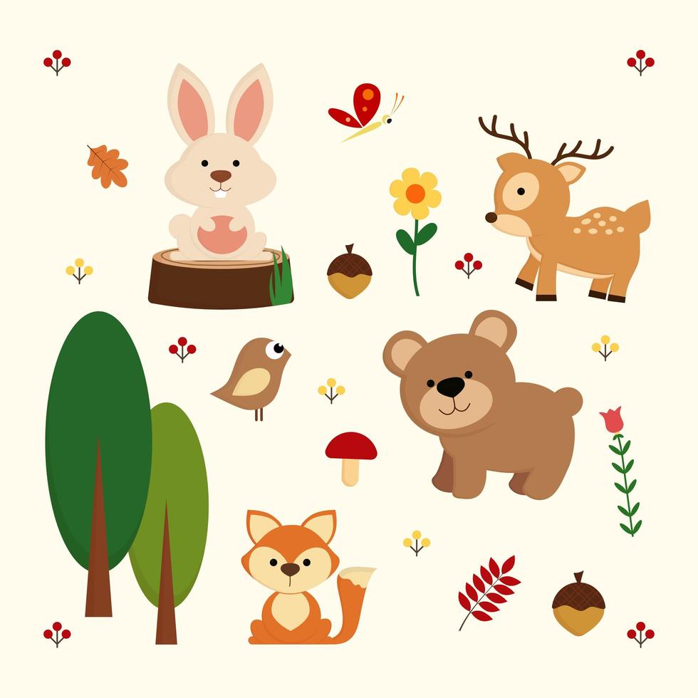 conjunto de elementos y animales del bosque vector