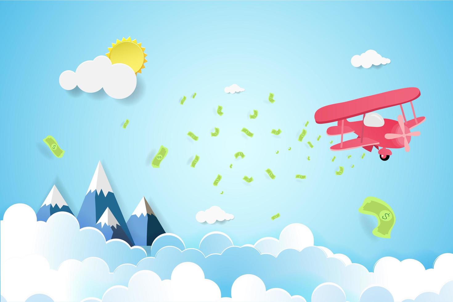 Plane flying in the sky with scattered money vector