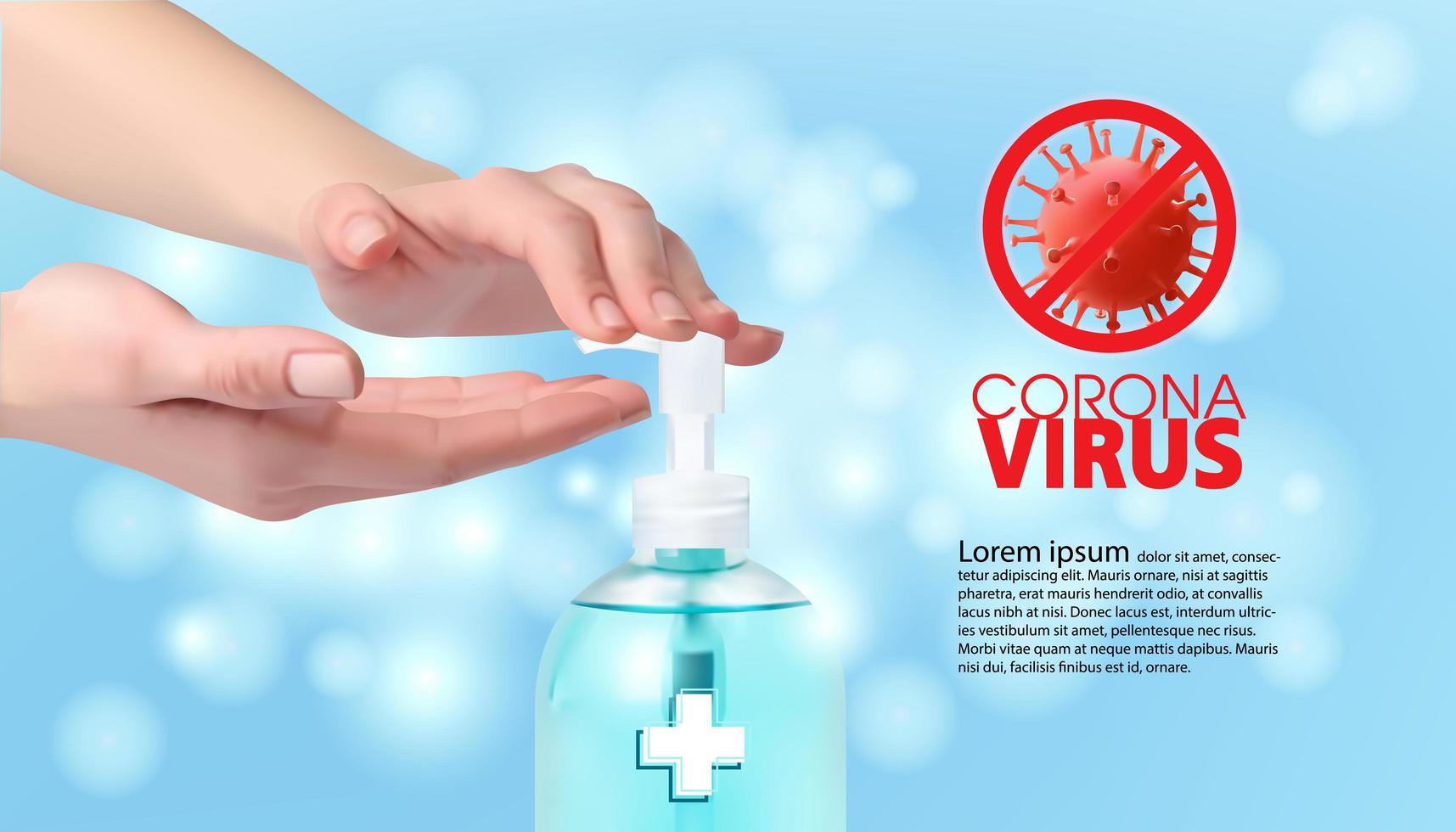 Hands using hand sanitizer gel dispenser, against Coronavirus vector