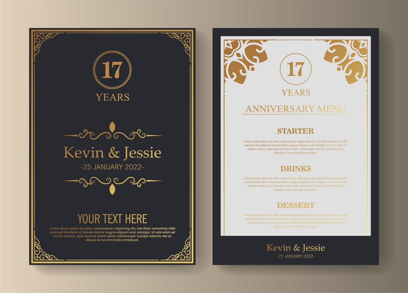 17th anniversary invitation and menu vector