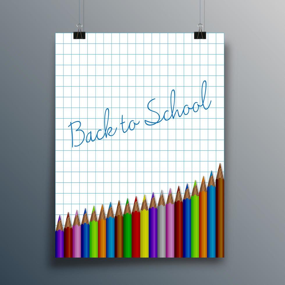 Tipografía de regreso a la escuela en papel cuadriculado con lápices. vector