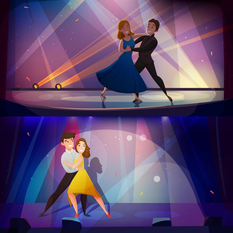 personajes de dibujos animados bailando conjunto de banner vector