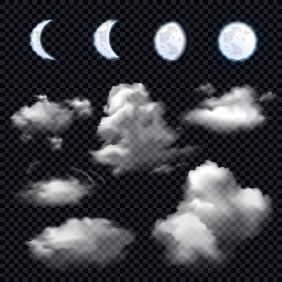 Transparent moon phases and clouds vector