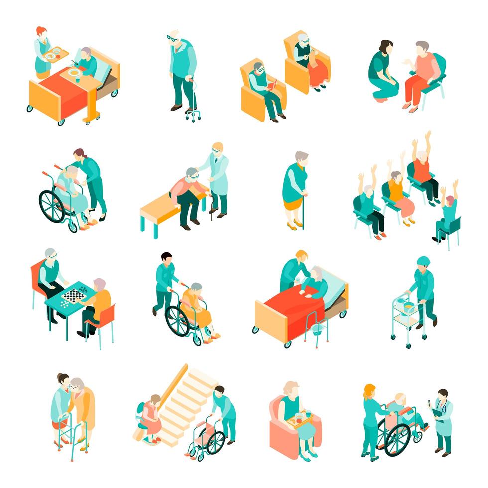 Isometric elderly people at nursing home set vector