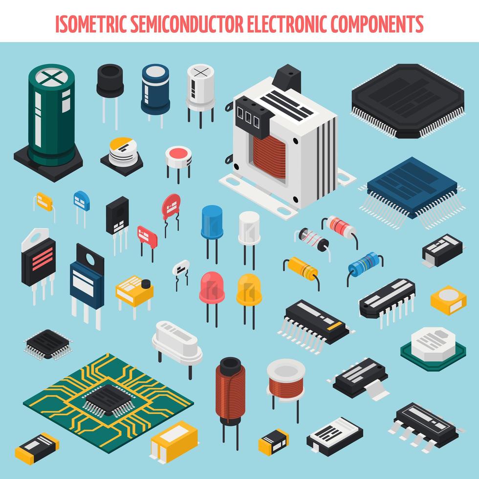 Conjunto de componentes electrónicos semiconductores isométricos. vector