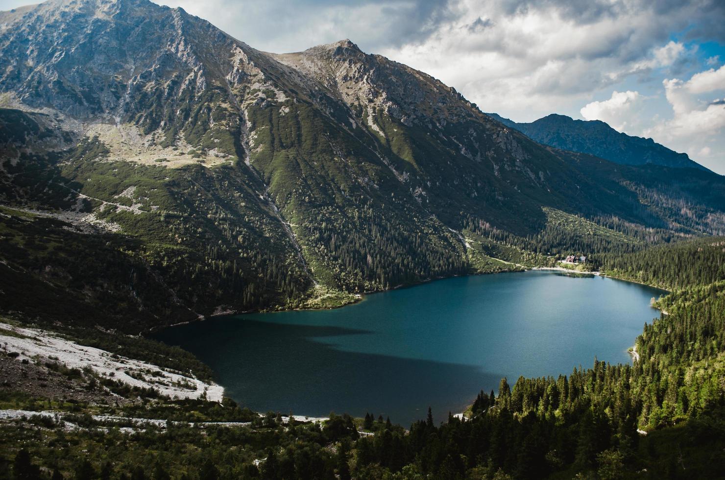 Scenic view of a lake between mountains photo