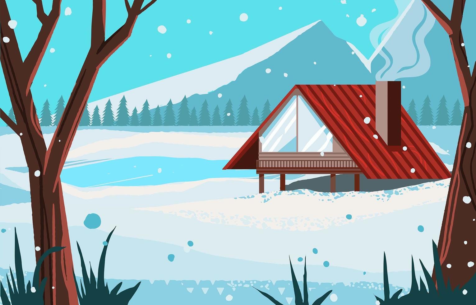 Red House Beside Freezing Lake in The Winter vector