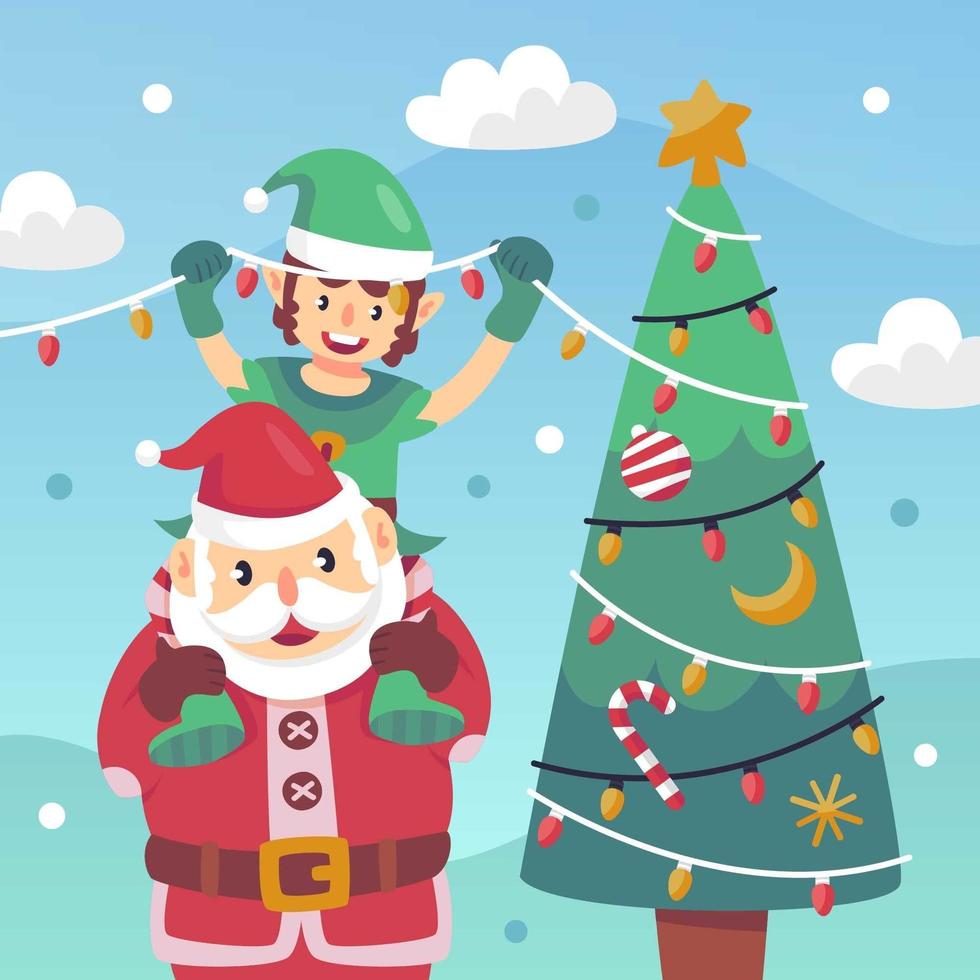 Santa Clause and Pete Decorating Christmas Tree vector