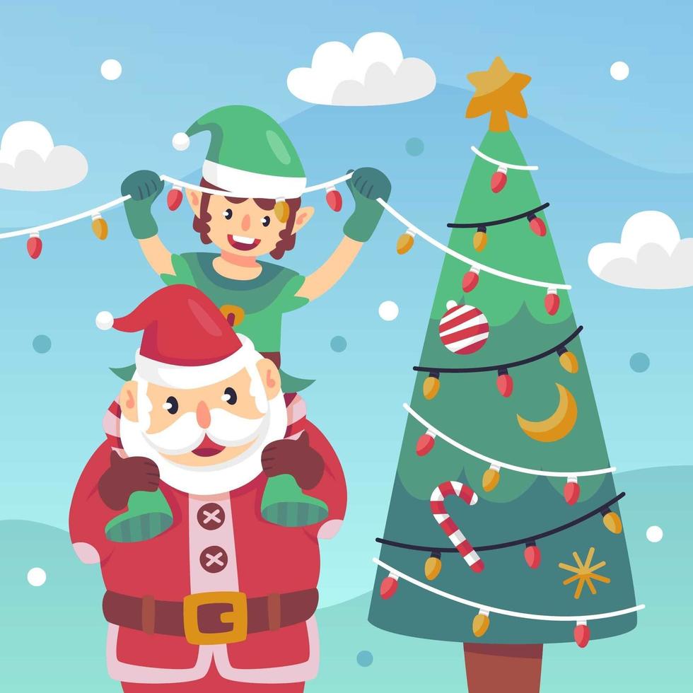 santa claus y pete decorando el árbol de navidad vector