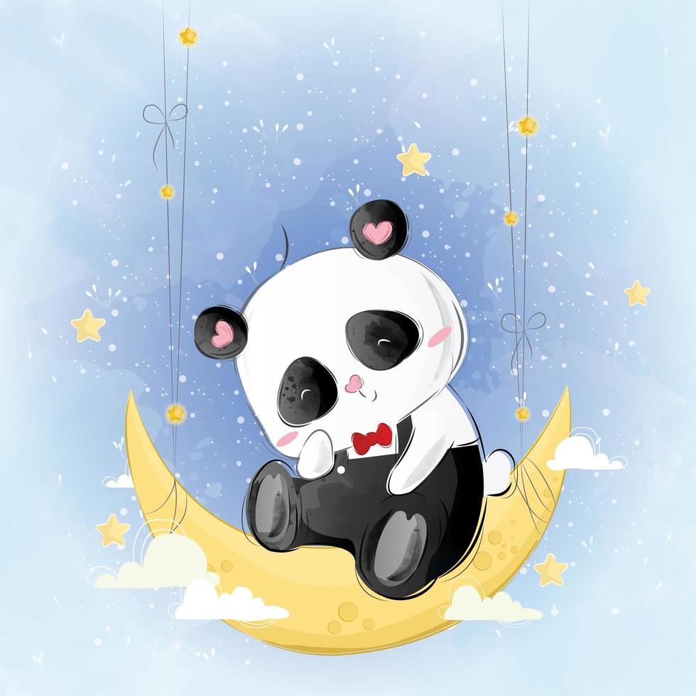 lindo pequeño panda sentado en la luna vector