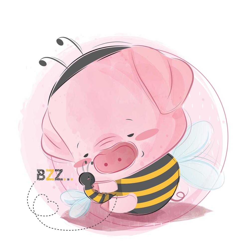 Cute Piggy Hugging Little Bee vector