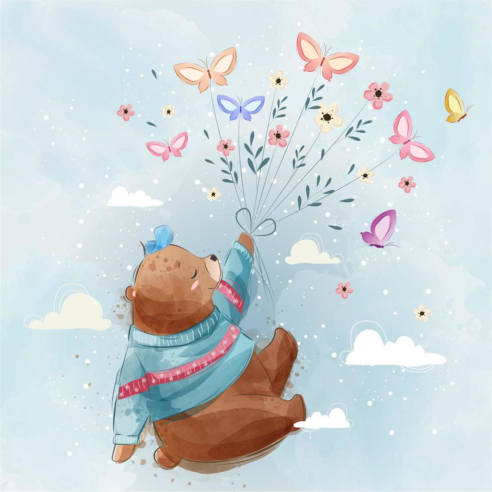 Little Bear Flying With Butterflies vector