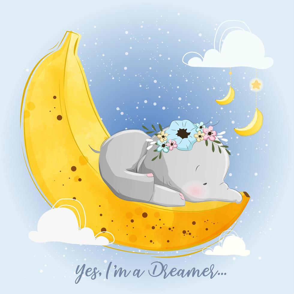 Little Elephant Sleeping On Banana Moon vector
