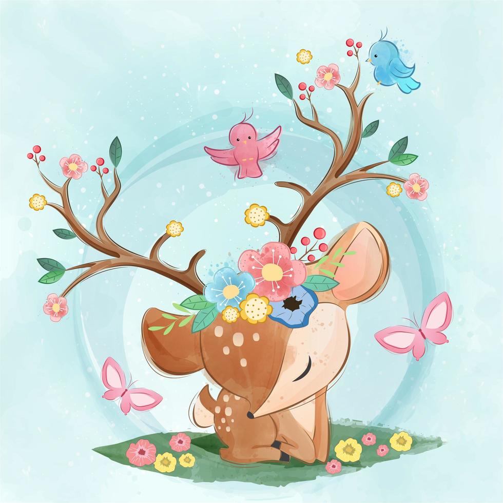 Cute Spring Deer With Flowers and Birds Around Antlers vector