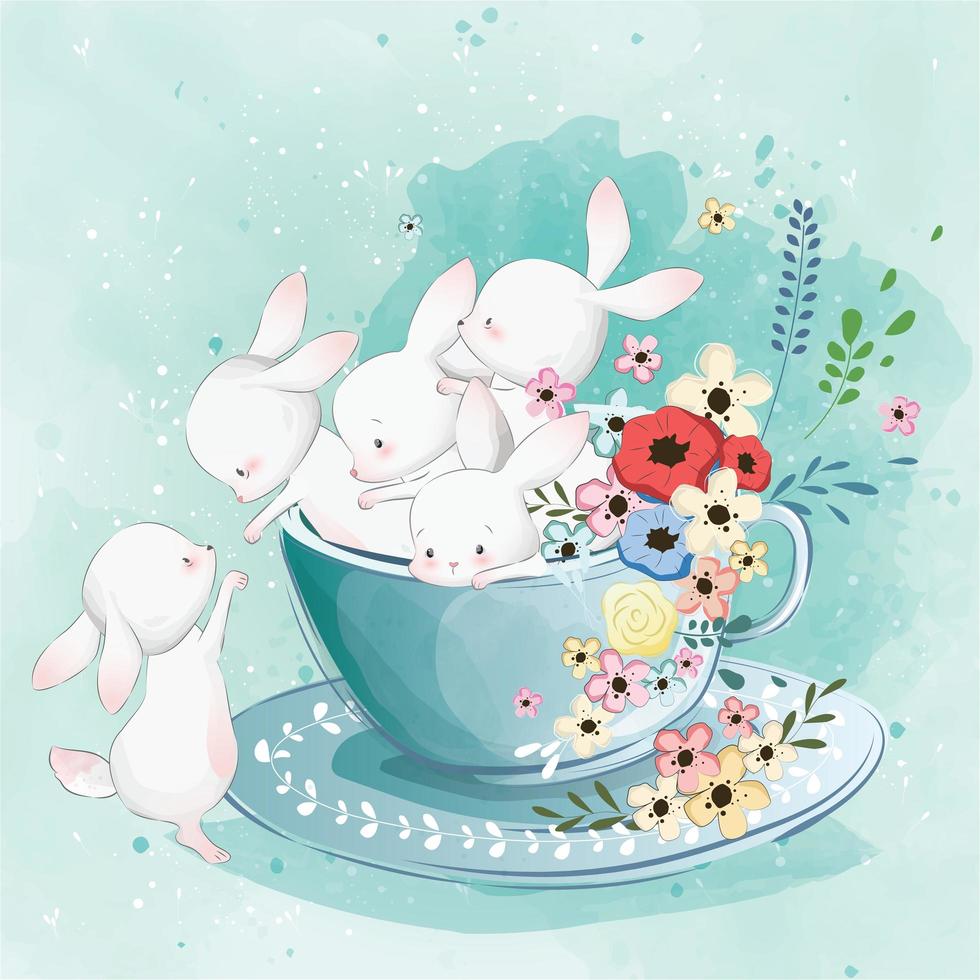 Cute Bunnies in the Tea Cup vector