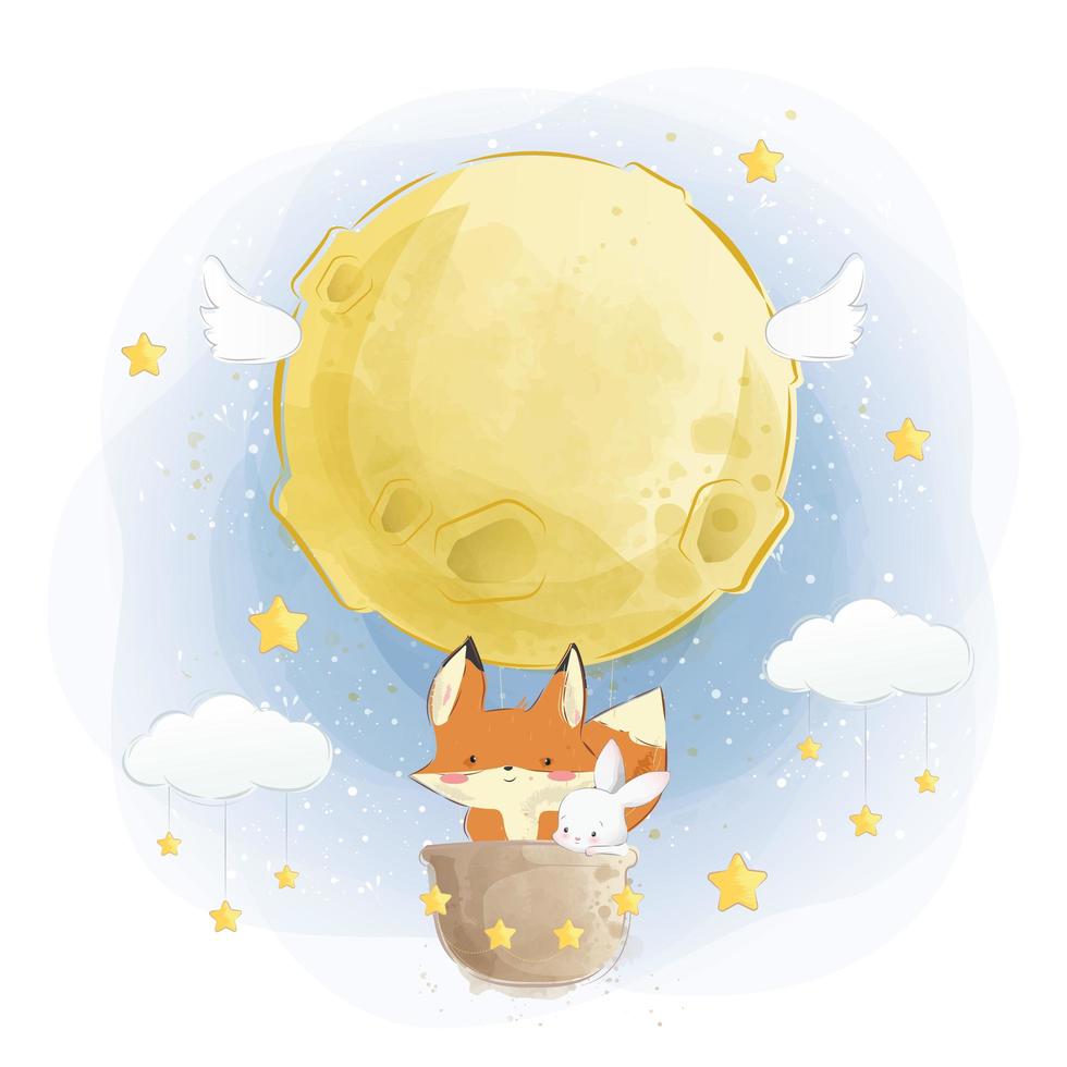 Fox and Bunn in Moon Air Balloon vector