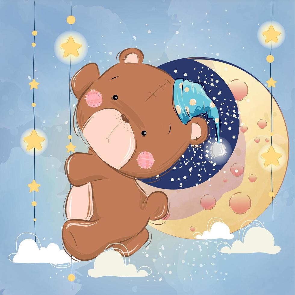 Cute Bear Going To Sleep on Strings of Stars vector